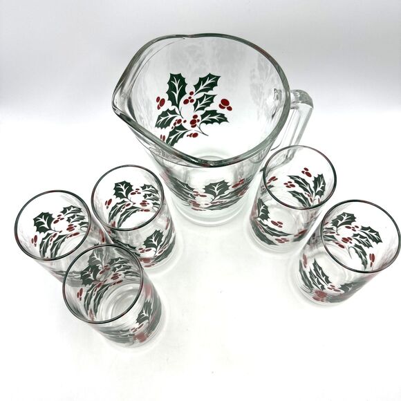 Vintage Crisa Glass Pitcher w/ 5 Glasses HOLLY'S & BERRIES - Picture 2 of 13